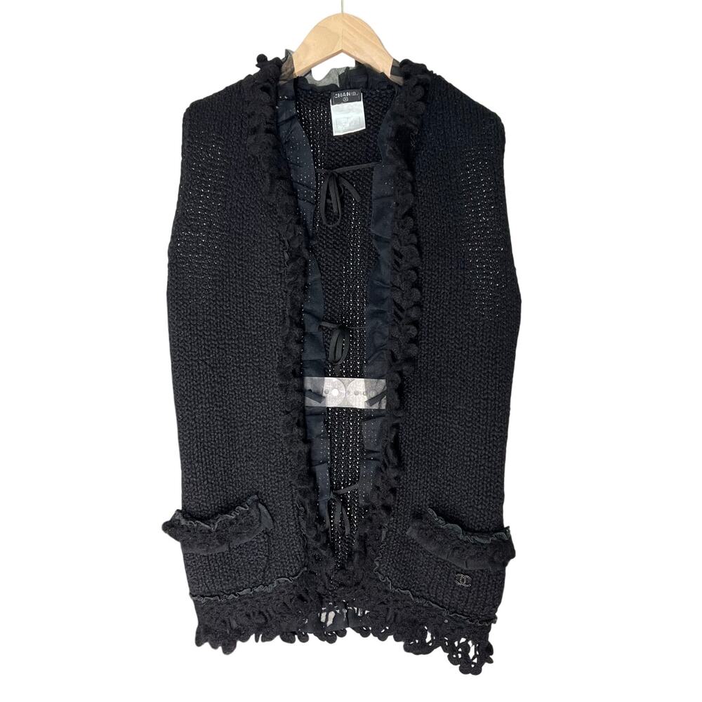 VTG CHANEL BLACK Cashmere Cardigan F/W 2002 Karl Lagerfeld Sleeveless Mock Neck